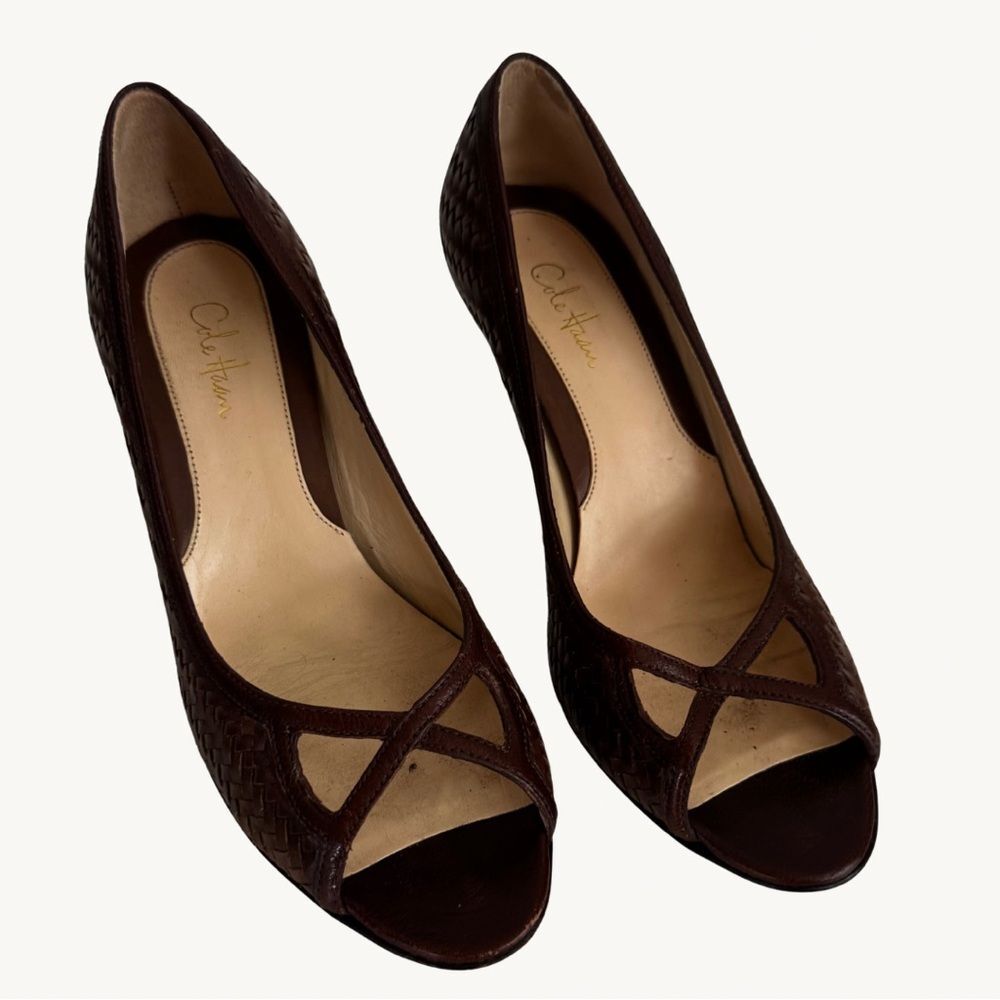Cole Haan Brown Peep Toe Heels Womens 6.5 Leather Dress Pumps
